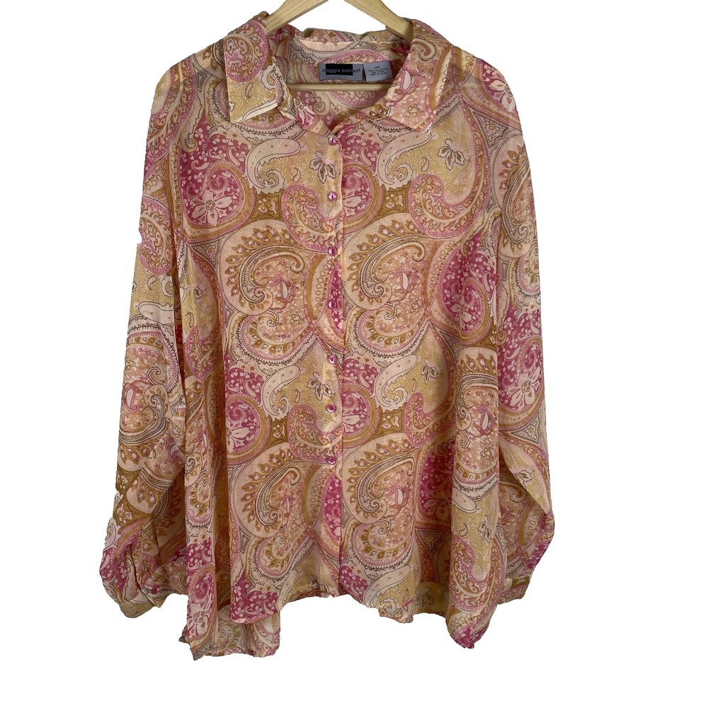 Maggie Barnes Woman's Blouse Size 26 W Pink Paisly Button Up Flowy Feminine Work